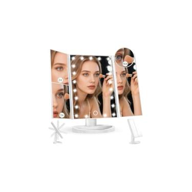 Imagem de Espelho de Maquiagem Triplo Dobrável com Iluminação LED, Branco, Rotação 180°, Ampliação 2x e 3x, USB, 31.5x13.5x18.5cm