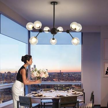 Imagem de Luminária pendente moderna estilo Sputnik com 12 lâmpadas, esfera de vidro transparente, lustre G9, estilo meados do século XX, ideal para sala de estar, cozinha, ilha, quarto e bar (B)