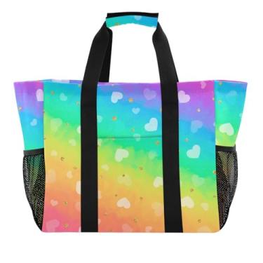 Imagem de ODAWA Bolsas de compras grandes duráveis dobráveis para mamãe - Bolsas de praia resistentes à água com bolsos, corações arco-íris