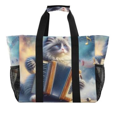 Imagem de ODAWA Bolsa de praia grande leve e resistente à água para gatos fofos - Bolsa de praia de ginástica de lona durável com bolsos com zíper, Gato fofo 1, One Size