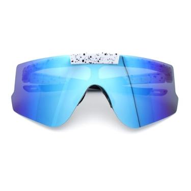 Imagem de Óculos de sol esportivos masculinos polarizados flip up sem aro com escudo grande, Branco preto - azul espelhado, 5 11/16" (144mm) x 2 5/16" (60mm)