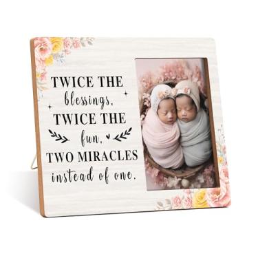 Imagem de Qiwog Porta-retrato de gêmeos - Duas vezes as bênçãos duas vezes a diversão anúncio de gravidez - presente floral para bebês gêmeos - presentes para meninos e meninas gêmeos para mamãe -02