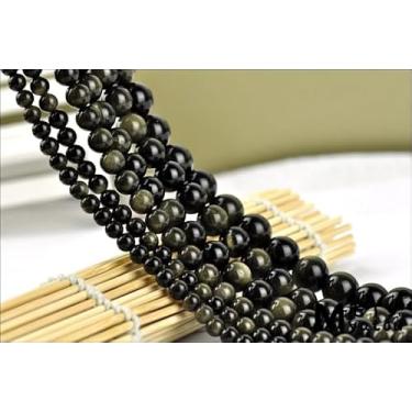 Imagem de THRELE Contas de pedra, 45 peças de obsidiana dourada, contas soltas redondas de 8 mm para fazer joias, pulseiras, com bolsa de presente, cordão elástico e cartão de tamanho