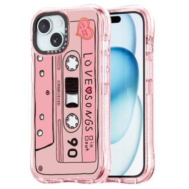 Imagem de Rosarnnah Capa para iPhone 15 fofa - Capa de telefone à prova de choque com proteção contra quedas de grau militar de 6 m - Design engraçado de fita cassete (6,5 cm) rosa brilhante