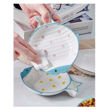 Imagem de Conjunto de 2 tigelas de cerâmica para comida de gato, peixe fofo, raso e largo, colorido, pratos de gato com bigode para alimentos, tigela de comida de gatinho, para pequenos pratos de alimentação de