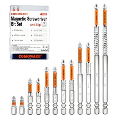 Imagem de COMOWARE Conjunto de brocas de chave de fenda magnética alta, 12 peças, pontas Phillips longas antiderrapantes nº 2, aço S2, cromadas para resistência à ferrugem, brocas de impacto magnéticas de 2,5 a