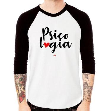 Imagem de Camiseta Raglan Psicologia por amor Manga 3/4 - Foca na Moda, Branco, 