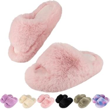 Imagem de LUYOO Pantufas felpudas de espuma de memória para meninas, confortáveis, fofas, de pelúcia, bico aberto, chinelos de casa, sem cadarço, chinelos de pele para uso interno e externo, rosa, 18
