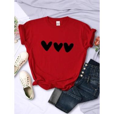 Imagem de Camisetas Femininas Pretas Com Estampa De Coração Manga Curta Casual R