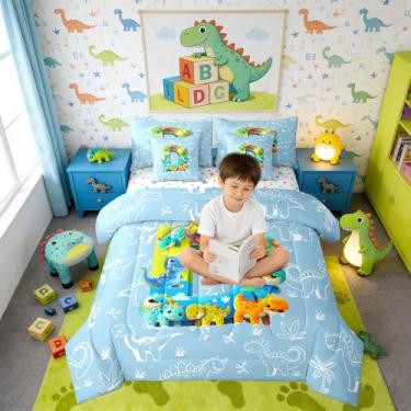 Imagem de Erosebridal Conjunto de edredom solteiro de dinossauro da selva com 7 peças, desenho animado com letra D, monograma de dinossauros fofos para crianças e adultos