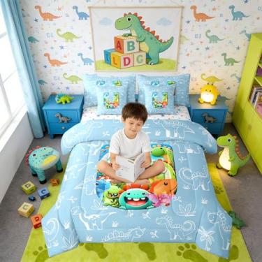 Imagem de Erosebridal Conjunto de cama solteiro Dino com letra U, 7 peças, monograma de dinossauro, em uma bolsa com lençol com lençol 3D, conjunto de edredom para crianças e adultos, animais da selva