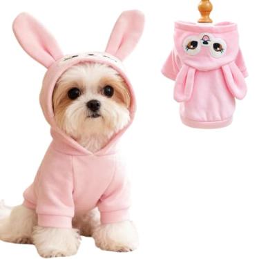 Imagem de MQQYLBHDS Suéter rosa para cães pequenos, meninas, meninos, orelhas de coelho, moletom com capuz engraçado para cachorro, casaco de coelho para gatos, fantasia de Páscoa para chihuahua yorkie da