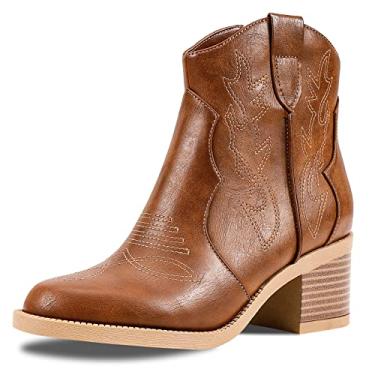 Imagem de PIZZ ANNU Botas femininas bordadas caubói ocidental cowgirl bico redondo botas curtas moda feminina retrô botas clássicas salto grosso, Marrom escuro, 35