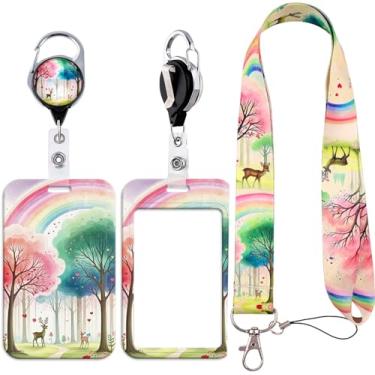 Imagem de Cordão fofo com porta-cartão de identificação deslizante autoretrátil, suporte de crachá de identidade estético, arco-íris, floresta, com clipe de chaveiro giratório 360 para escritório, escola