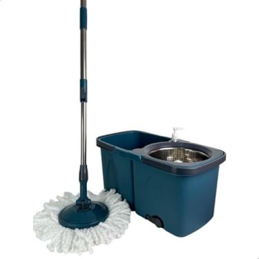 Imagem de Mop Esfregão Giratório Duas Águas com Cesto Inox Duo Aqua 12L Desmontável com 2 Refis de Microfibra(Mop Giratório Duas Águas Azul)
