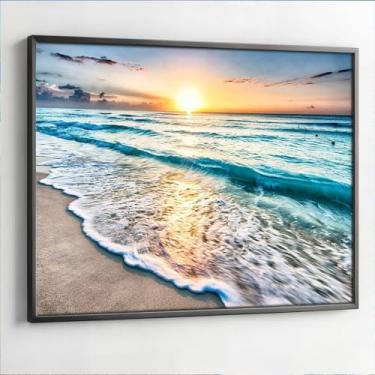 Imagem de Quadro Decorativo com Moldura Paisagem Ondas da Praia Mar Pôr do Sol 90x60 Horizontal para Sala Quarto e Hall