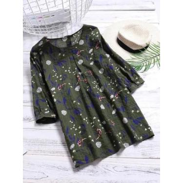 Imagem de Blusa Feminina plus Size Com Estampa Floral, Manga 3/4, Camisa Solta R