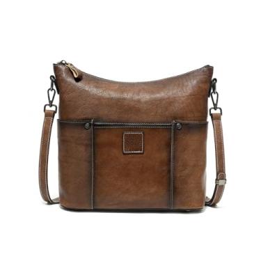 Imagem de FAIME Bolsa tiracolo de couro para mulheres - Bolsa de couro verdadeiro com vários bolsos bolsa feminina de tamanho médio para trabalho e uso diário, Café, Bolsa tiracolo feminina de couro vintage