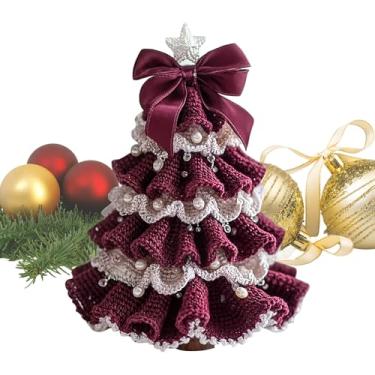 Imagem de Árvore de Natal de crochê para mesa - fio de decoração de mesa - adereços decorativos de feriado para estantes de livros, mesa de casa, sala de estar, festa, feriado