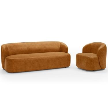 Imagem de Sofá 2 Lugares 170cm Com Poltrona Giratória Orgânica Heidy F04 Couríssimo Whisky - Lyam Decor