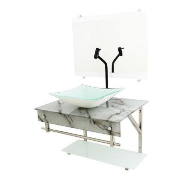 Imagem de Gabinete De Vidro 60Cm Inox Cuba Quadrada - Mármore Branco