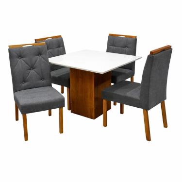Imagem de Mesa de Jantar Dakota 90x90cm Sem Vidro e 4 Cadeiras Jasmim em Linho Estofadas Cel Móveis Cor Cinamomo Off White com Tecido Cinza