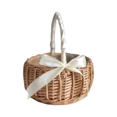 Imagem de Cesta De Vime Marrom Com Alça De Pérolas E Laço, Feita À Mão, Para Flo