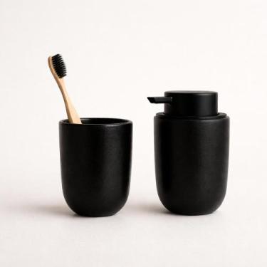 Imagem de Kit banheiro 2 peças preto em cerâmica dispenser sabonete líquido e po