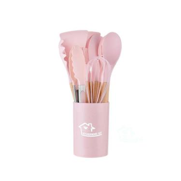 Imagem de Kit 12 Utensílios De Cozinha Em Silicone E Cabo De Madeira Resistente Ao Calor Rosa
