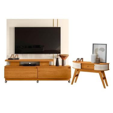 Imagem de Estante Home Theater New Apolo com Rodízios com Aparador Estoril Cinamomo Off White – Madetec