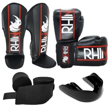 Imagem de Kit Muaythai Rhino 14oz - Luva Boxe + Caneleira + Bandagem + Bucal-Unissex
