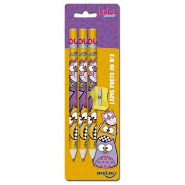 Imagem de Lapis Preto HB Jumbo Bubu - Kit c/ 3 e Apontador - Molin