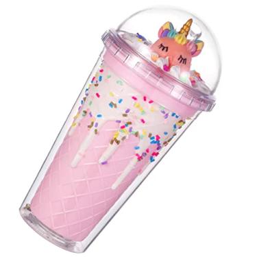 Imagem de seelucky Copo de viagem de unicórnio com bolo de palha copo de festa copo de gelo Boba Bubble chá presente de aniversário (rosa unicórnio creme, 450 ml)