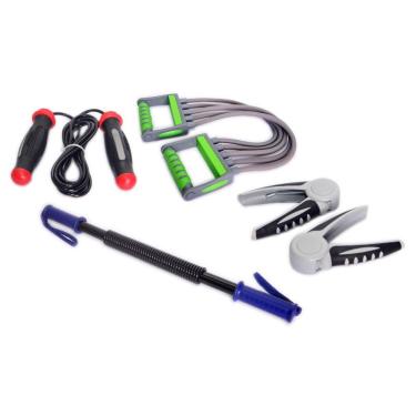 Imagem de Kit Treino Yoga Pilates Fisioterapia com 1 corda de pular com rolamento, hand grip, bastão retrátil com mola, corda extensora