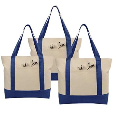Imagem de Simpli-Magic Bolsa tote de lona elegante com bolso externo, fechamento com zíper superior, itens essenciais do dia a dia, pacote com 3, 50,8 x 38,1 x 15,2 cm, azul/natural