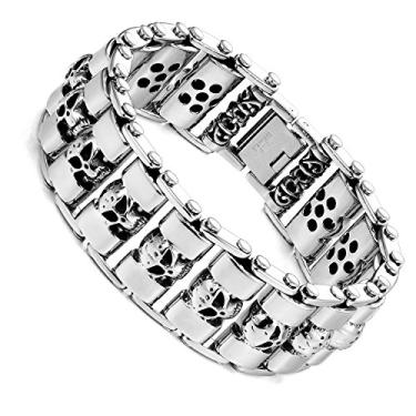Imagem de URBAN JEWELRY Pulseira masculina de aço inoxidável com cabeça de caveira grossa em tom de prata 22 cm