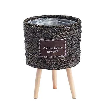 Imagem de Yajun Cesta de armazenamento de vaso de palha com pernas para jardim casa rattan decoração de vaso de flores sala de estar varanda vasos pastorais simples, preto, H/45CM