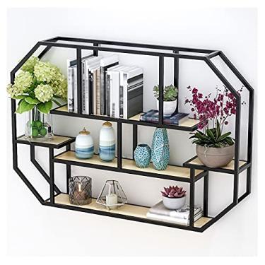 Imagem de KIZQYN Estante de livros de metal pesado montado na parede, rack de exibição flutuante multicamadas de escritório quarto sala de estar prateleira de banheiro rack de armazenamento (ouro/preto) estante (cor: preto)