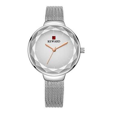 Imagem de Relógio de pulso feminino de quartzo da Reward Fashion com superfície de vidro multilateral, simples, elegante, à prova d'água, inoxidável, Prata