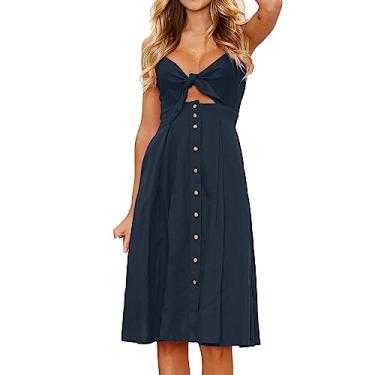 Imagem de Vestido maxi de verão feminino com botão aberto nas costas, vestido maxi solto com bolsos, Azul-escuro, Small