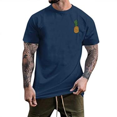 Imagem de Camiseta masculina masculina casual de verão com estampa de abacaxi blusa manga curta gola redonda camisetas gola V para, Azul-marinho, G