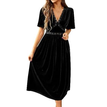 Imagem de UIFLQXX Vestido de coquetel feminino manga curta decote em V cor sólida veludo temperamento vestido elegante vestido evasê, Preto, P