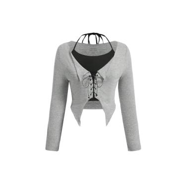 Imagem de MakeMeChic Camiseta feminina plus size casual manga longa frente única com cadarço frontal 2 em 1, Cinza claro, G Plus Size