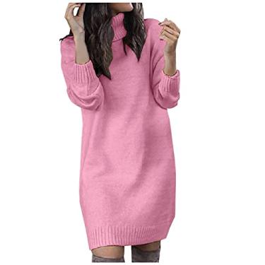Imagem de Vestido feminino de crochê de tricô slim túnica para mulheres manga longa barco gola tartaruga suéter vestido inverno outono 2023, T-94 Rosa, XG