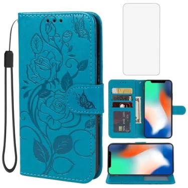 Imagem de Vavies Capa para iPhone Xs 5,8 polegadas, capa carteira para iPhone X com protetor de tela de vidro temperado, capa de couro floral com suporte para cartão de crédito para Apple iPhone Xs/X azul