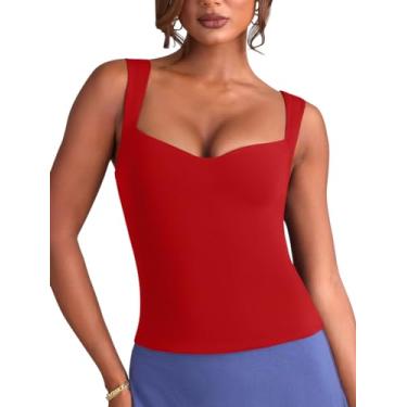Imagem de HYZ Regata feminina sexy gola redonda alça de ombro ajustável básica justa, Vermelho, Large