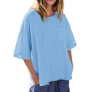 Imagem de Tankaneo Camisetas femininas grandes de manga curta, ombro caído, gola redonda, camisetas básicas de verão, Azul, P
