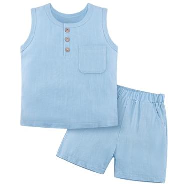 Imagem de Weixinbuy Conjunto de roupas de verão para bebês meninos, algodão, linho, sem mangas, bolso, camiseta, camiseta curta, Azul, 4-5 Anos