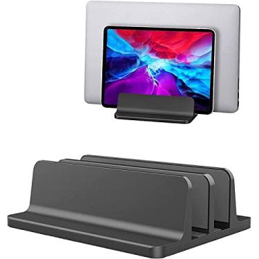 Imagem de Suporte vertical para tablet laptop com compartimento duplo – Armazenamento para MacBook Laptop Chromebook Tablet Smartphone, borda curva para colocar mais dispositivos, smartphone (preto)