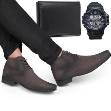 Imagem de Bota Social Masculina Cano Médio Nobuck Bico Fino Quadrado + Carteira e Relógio-Masculino